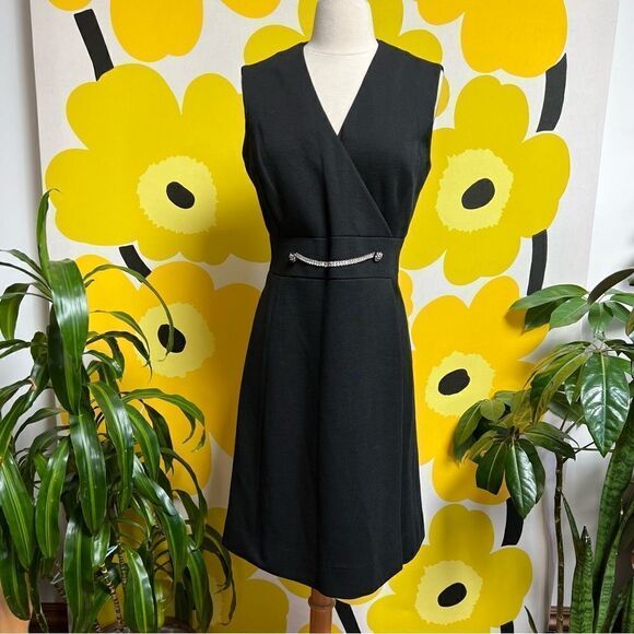 Mod Black Sleeveless Vintage 1960s / 1970s Knit Rhinestone Accent Mini Dress - Picture 8 of 9